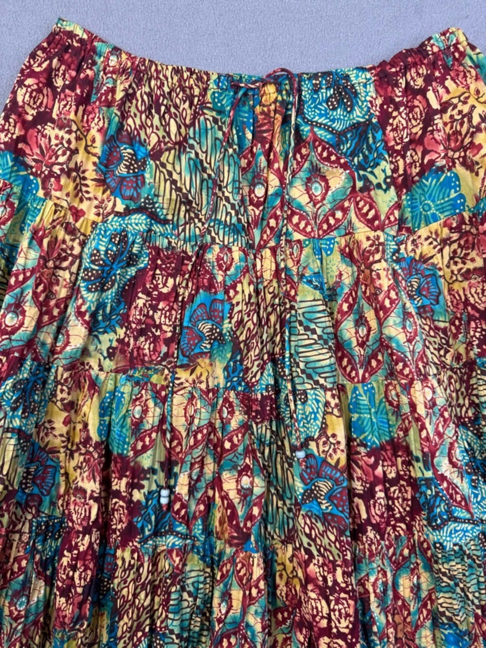 Vintage Y2K Boho Patchwork Pleated Midi Skirt, Ruffle Tiered 100% Cotton, 1X - Picture 2 of 13